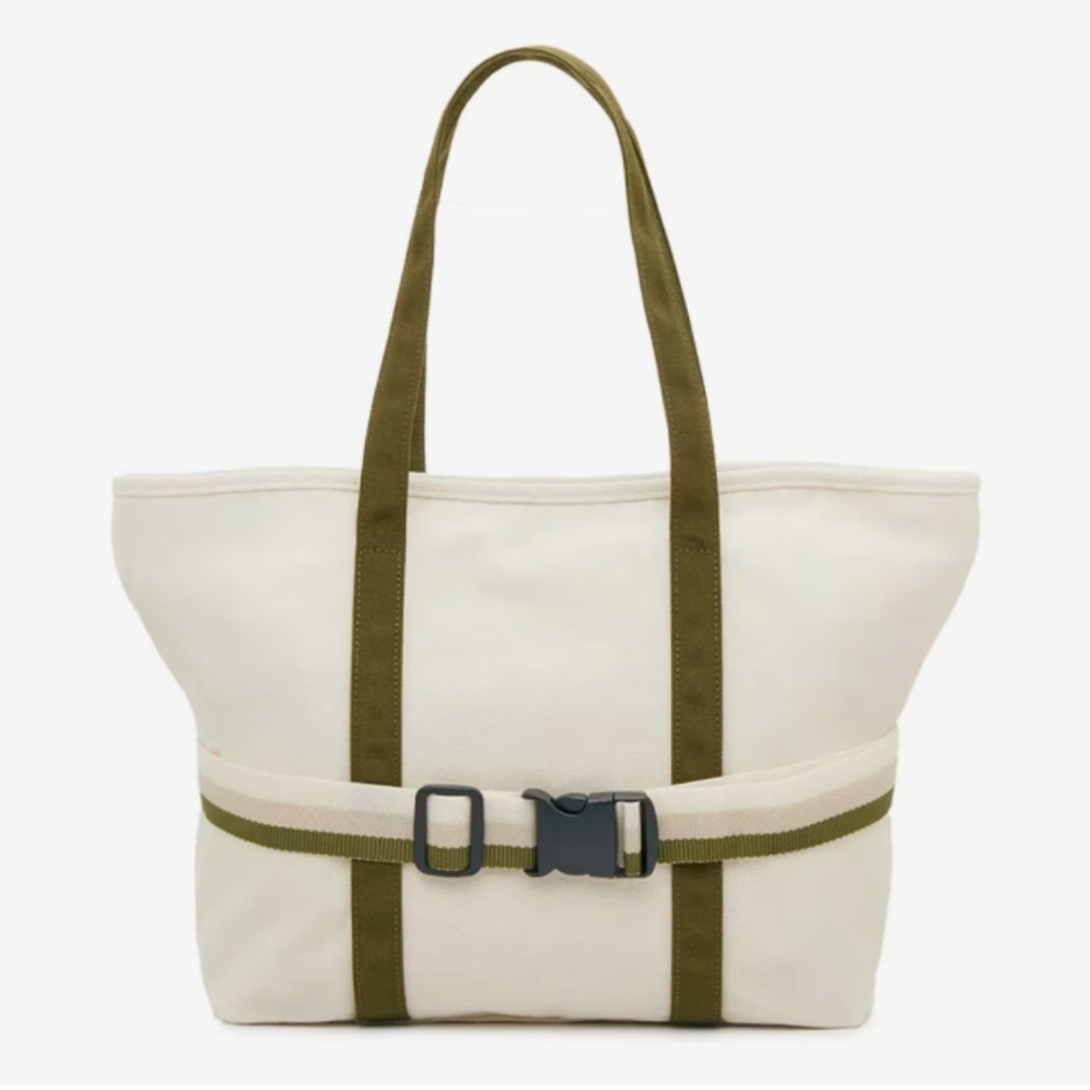 NWOT Stylish Cream Canvas Tote with Travel Band/Ivory & Green